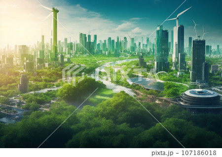 Green city with wind turbines and solar panels Green city with wind turbines and solar panels 107186018