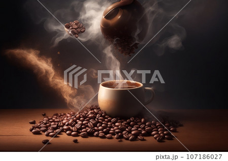Cup of coffee with coffee beans on wooden table and dark background Cup of coffee with coffee beans on wooden table and dark background 107186027