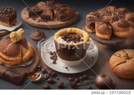 Cup of coffee with sweet buns and chocolate on dark background 107186028