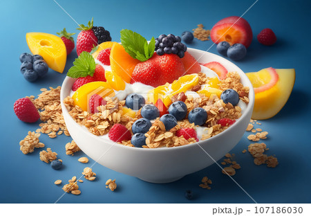 Muesli with berries and yogurt in a bowl on blue background Muesli with berries and yogurt in a bowl on blue background 107186030