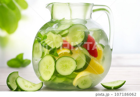 Detox water with cucumber, strawberry and mint in a jug Detox water with cucumber, strawberry and mint in a jug 107186062