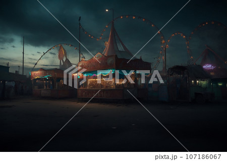 Amusement park at night with fairground rides and lights 107186067