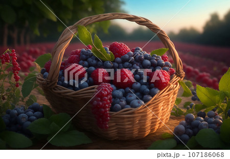 Ripe berries in a wicker basket on a wooden table 107186068