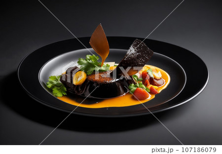 Piece of beef liver with carrot and parsley on black plate 107186079