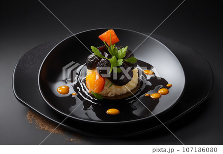 Piece of beef liver with carrot and parsley on black plate Piece of beef liver with carrot and parsley on black plate 107186080