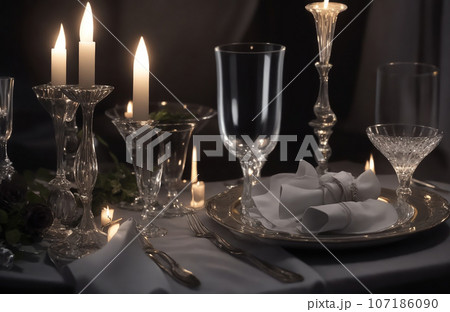 Elegant table setting with candles in dark room 107186090
