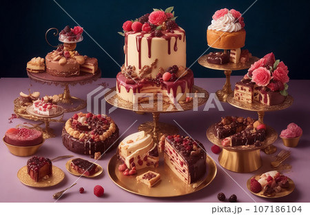 a lot of different cakes on a buffet table in a restaurant 107186104