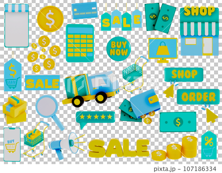 Online shop objects , Items , 3D rendering collection on a transparent background 107186334