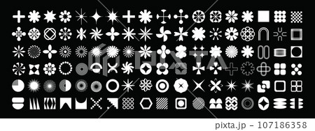 Geometric abstract flower shape set, funky star figure vector icon kit, retro brutal minimal art. Geometric abstract flower shape set, funky star figure vector icon kit, retro brutal minimal art. 107186358