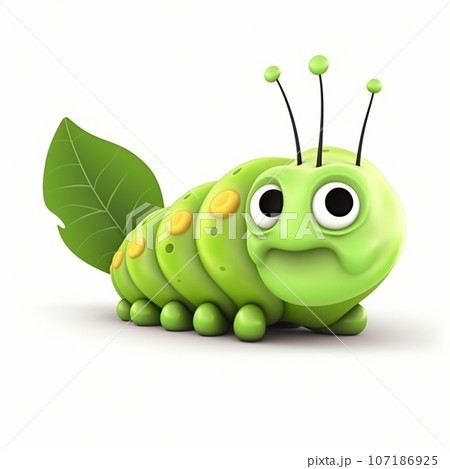 Green caterpillar, funny cute fat green caterpillar 3d illustration on white, unusual avatar, cheerful insect animal 107186925