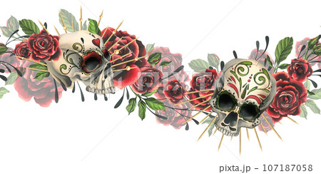 Human skulls with an ornament, red roses in a golden crown, branches. Hand drawn watercolor illustration for Halloween, day of the dead, Dia de los muertos. Seamless board on white background 107187058
