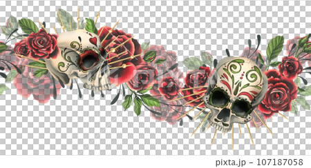 Human skulls with an ornament, red roses in a golden crown, branches. Hand drawn watercolor illustration for Halloween, day of the dead, Dia de los muertos. Seamless board on white background 107187058