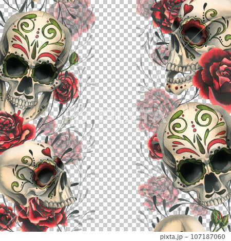 Ornamented human skulls with red roses. Hand drawn watercolor illustration for day of the dead, halloween, Dia de los muertos. Borders, template, frame on a white background 107187060
