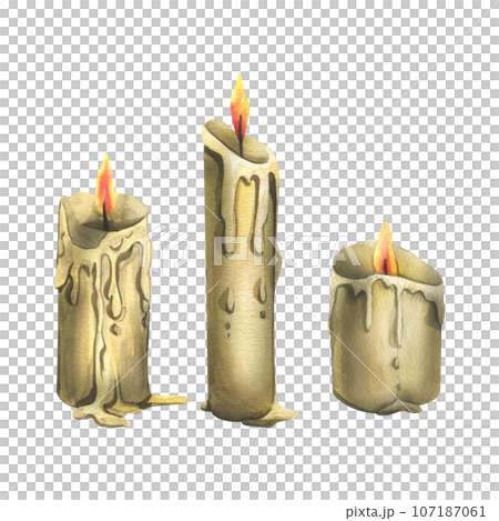 A simple candles with a burning flame, drops and smudges of wax. Hand drawn watercolor illustration for day of the dead, halloween, Dia de los muertos. Set of isolated objects on a white background 107187061