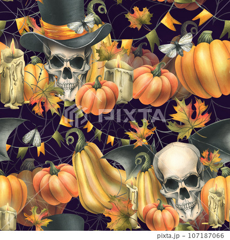 Human skull, black top hat with orange pumpkins, cobwebs, candles and autumn maple leaves. Hand drawn watercolor illustration for Halloween. Seamless pattern on a dark purple background Human skull, black top hat with orange pumpkins, cobwebs, candles and autumn maple leaves. Hand drawn watercolor illustration for Halloween. Seamless pattern on a dark purple background 107187066