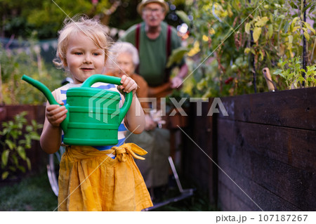 Portrait of a little adorable girl helping her grandparents in the garden. 107187267