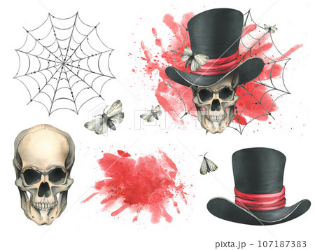 Human skull in a top hat with a moth, bloodstain and cobwebs for the holiday of Death Day and Halloween. Watercolor illustration, hand drawn. Set of isolated elements on a white background. Human skull in a top hat with a moth, bloodstain and cobwebs for the holiday of Death Day and Halloween. Watercolor illustration, hand drawn. Set of isolated elements on a white background. 107187383