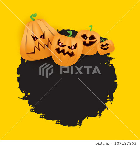 Halloween web black grunge Banner or poster with Halloween scary pumpkins isolated on orange background . Funky kids Halloween orange banner with space for greeting text or sale 107187803