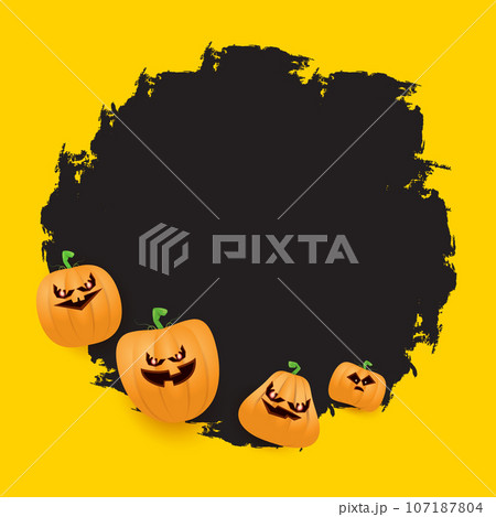 Halloween web black grunge Banner or poster with Halloween scary pumpkins isolated on orange background . Funky kids Halloween orange banner with space for greeting text or sale 107187804