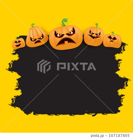 Halloween web black grunge Banner or poster with Halloween scary pumpkins isolated on orange background . Funky kids Halloween orange banner with space for greeting text or sale 107187805