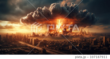 Nuclear war threat concept. Explosion of nuclear bomb in the city. Nuclear war threat concept. Explosion of nuclear bomb in the city. 107187911