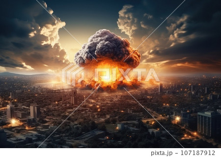 Nuclear war threat concept. Explosion of nuclear bomb in the city. Nuclear war threat concept. Explosion of nuclear bomb in the city. 107187912