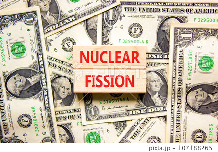 Nuclear fission symbol. Concept words Nuclear fission on beautiful wooden blocks. Dollar bills. Beautiful background from dollar bills. Business science nuclear fission concept. Copy space. Nuclear fission symbol. Concept words Nuclear fission on beautiful wooden blocks. Dollar bills. Beautiful background from dollar bills. Business science nuclear fission concept. Copy space. 107188265