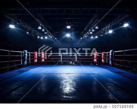Epic empty boxing ring in the spotlight on the fight night AI 107188588