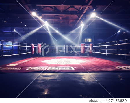 Epic empty boxing ring in the spotlight on the fight night AI 107188629