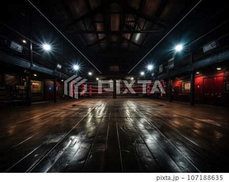 Epic empty boxing ring in the spotlight on the fight night AI 107188635