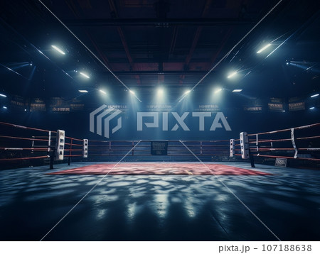 Epic empty boxing ring in the spotlight on the fight night AI 107188638
