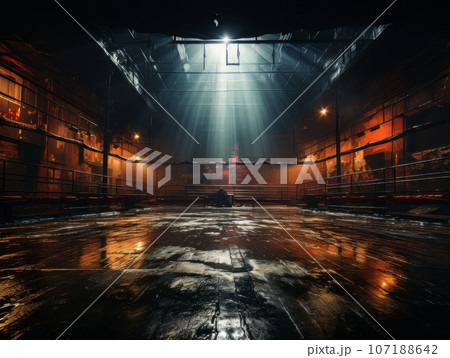 Epic empty boxing ring in the spotlight on the fight night AI 107188642