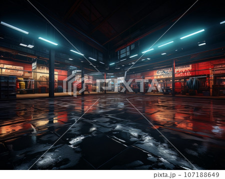 Epic empty boxing ring in the spotlight on the fight night AI 107188649