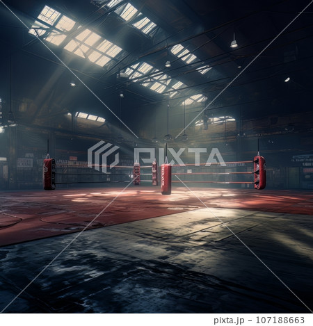 Epic empty boxing ring in the spotlight on the fight night AI Epic empty boxing ring in the spotlight on the fight night AI 107188663