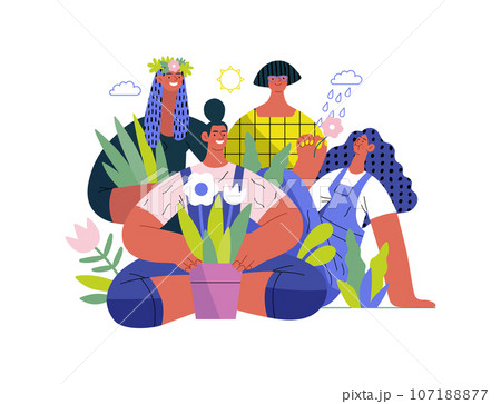 Greenery, ecology -modern flat vector concept illustration of people surrounded by plants and flowers. Metaphor of environmental sustainability and protection, closeness to nature Greenery, ecology -modern flat vector concept illustration of people surrounded by plants and flowers. Metaphor of environmental sustainability and protection, closeness to nature 107188877