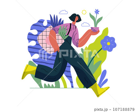 Greenery, ecology -modern flat vector concept illustration of a woman running with a eco bag and a flower in the pot. Metaphor of environmental sustainability and protection, closeness to nature 107188879