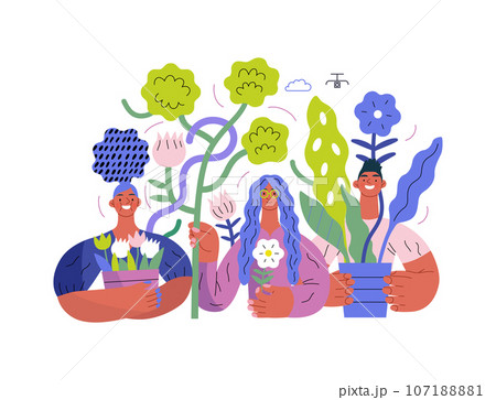 Greenery, ecology -modern flat vector concept illustration of people surrounded by plants and flowers. Metaphor of environmental sustainability and protection, closeness to nature 107188881