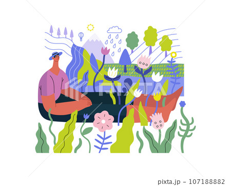 Greenery, ecology -modern flat vector concept illustration of a man sitting in the landscape with river and waterfall. Metaphor of environmental sustainability and protection, closeness to nature 107188882