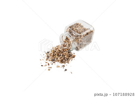 Bistorta officinalis known as bistort, common bistort, European bistort or meadow bistort falling from glass jar isolated on white background. Bistorta officinalis known as bistort, common bistort, European bistort or meadow bistort falling from glass jar isolated on white background. 107188928