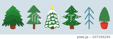 Different styles Christmas tree or pine, winter holidays design elements, vector Different styles Christmas tree or pine, winter holidays design elements, vector 107189284