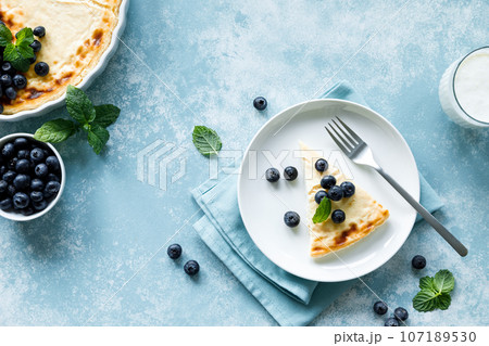 Cottage cheese cheesecake slice with fresh blueberry, top down view 107189530