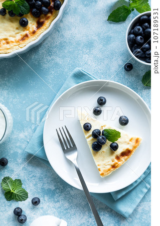 Cottage cheese cheesecake slice with fresh blueberry, top down view 107189531