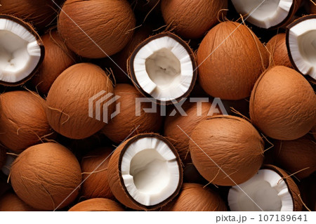 Closeup of fresh coconuts, top view, seamless pattern. Generative Ai 107189641