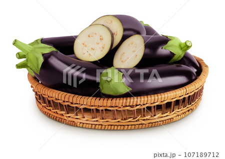 eggplant in a wicker basket isolated on white background with full depth of field 107189712