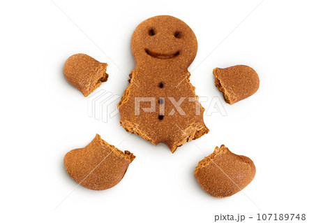 Gingerbread man isolated on white background. Top view. Flat lay. 107189748