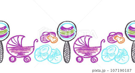 Cute seamless border. Drawings with wax crayons. Design for paper, fabric, interior decor and other use 107190187