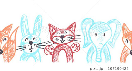 Cute seamless border. Drawings with wax crayons. Design for paper, fabric, interior decor and other use 107190422