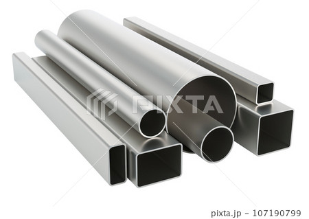 Steel round pipes and square pipes, from stainless steel. Cold rolled metal. 3D rendering Steel round pipes and square pipes, from stainless steel. Cold rolled metal. 3D rendering 107190799