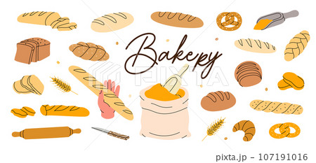 Set of bakery products. Bread and pastry banner. Whole grain and wheat bread, pretzel, ciabatta, croissant, french baguette for bakery menu design. Set of bakery products. Bread and pastry banner. Whole grain and wheat bread, pretzel, ciabatta, croissant, french baguette for bakery menu design. 107191016