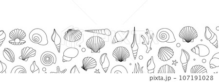 Sea shells horizontal outline banner. Tropical underwater shells. Freshwater algae, corals, starfish, mollusks, scallop, pearls. Vector illustration. Sea shells horizontal outline banner. Tropical underwater shells. Freshwater algae, corals, starfish, mollusks, scallop, pearls. Vector illustration. 107191028